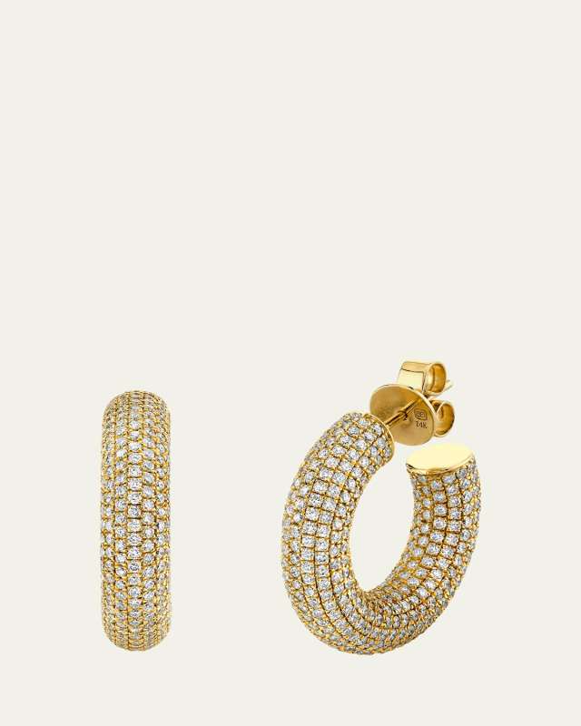 14K Yellow Gold Puffy Pave Small Hoop Earrings